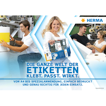 Die Werbung für Etiketten zeigt eine Frau, die Etiketten hält, und zwei Männer in einer Produktionsumgebung. Der Text hebt die Vielseitigkeit und die verschiedenen Anwendungsmöglichkeiten hervor.