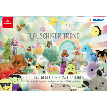 Bunte Plüschtiere und Figuren in verschiedenen Formen und Farben, umgeben von einem Regenbogen und Wolken. Der Text beschreibt das Sortiment von AUROBA.