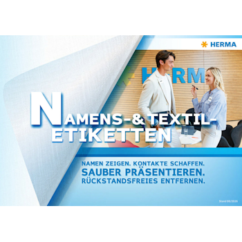Namens- und Textiletiketten mit den Slogans: 'Namen zeigen. Kontakte knüpfen. Sauber präsentieren. Rückstandslos entfernen.