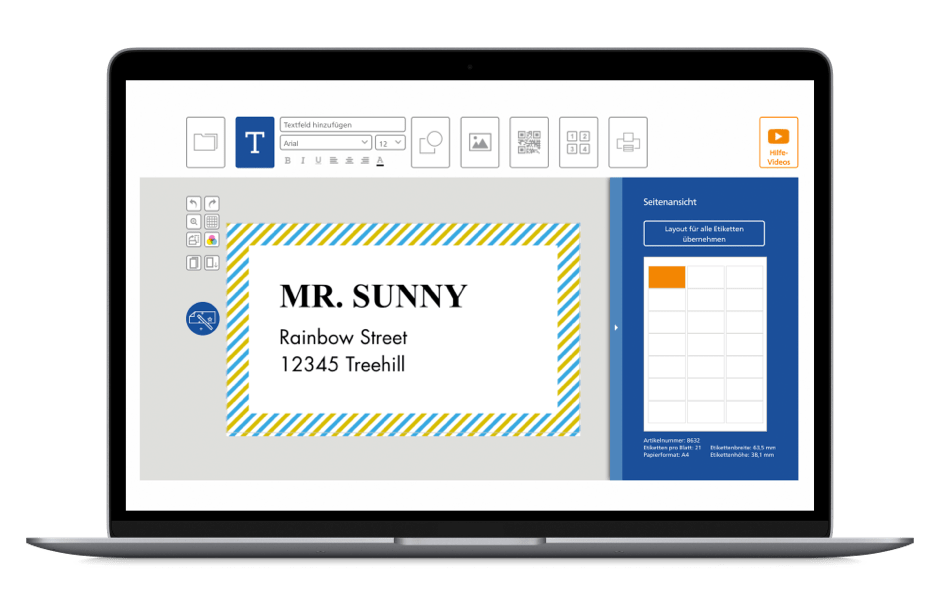 Notebook mit Designbildschirm für Etikettengestaltungssoftware