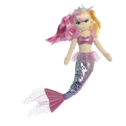 Puppe in Form einer Meerjungfrau mit pinken Haaren und glitzerndem Schwanz, trägt ein pinkes Oberteil und eine Krone." 

(Note: The text is already in German and does not require translation. It is clear and fluent as it stands.)