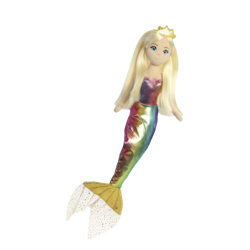 Eine Meerjungfrau mit langen blonden Haaren und einem schillernden, bunten Schwanz. Sie trägt eine goldene Krone.