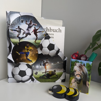 Anwendungsbild für einen Stifteköcher mit Pferdemotiv und einen Stehsammler mit Fußballmotiv.