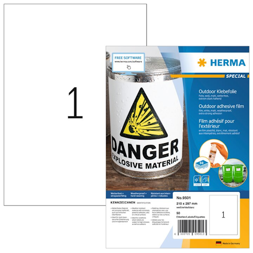 Packung mit Outdoor-Klebefolie von Herma, zeigt ein Warnsymbol für explosive Materialien. Enthält Informationen zur Anwendung und Größe.