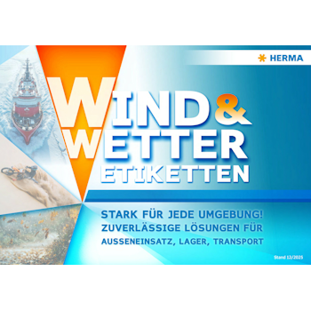 Wind- und Wetteretiketten von HERMA, die Zuverlässigkeit für den Außeneinsatz, die Lagerung und den Transport betonen.