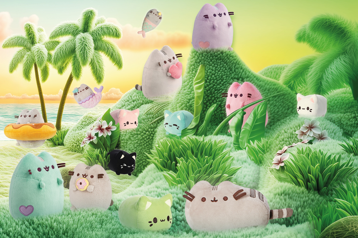 Kuschelige, katzenartige Plüschfiguren in verschiedenen Farben und Formen, umgeben von grünen Pflanzen und einem sonnigen Ambiente.