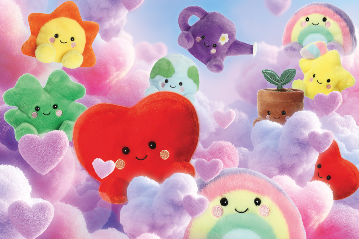 Bunte, kuschelige Plüschfiguren in Herz-, Stern- und Pflanzenform, umgeben von Wolken und Herzen." 

(Note: The text is already in German and does not require translation. It is clear and fluent as it stands.)
