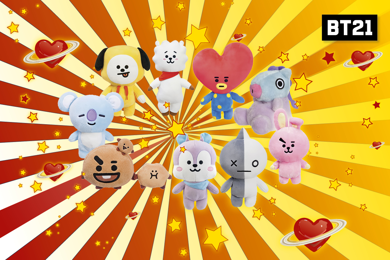 Eine Gruppe von zehn BT21-Plüschfiguren vor einem lebhaften, bunten Hintergrund mit Sternen und Herzen.
