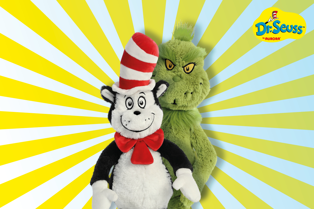 Der Kater mit dem Hut und der Grinch stehen nebeneinander vor einem leuchtenden Hintergrund.