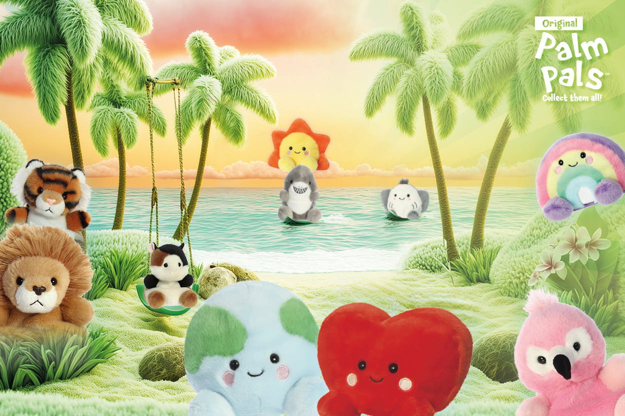 Kuscheltiere am Strand unter Palmen