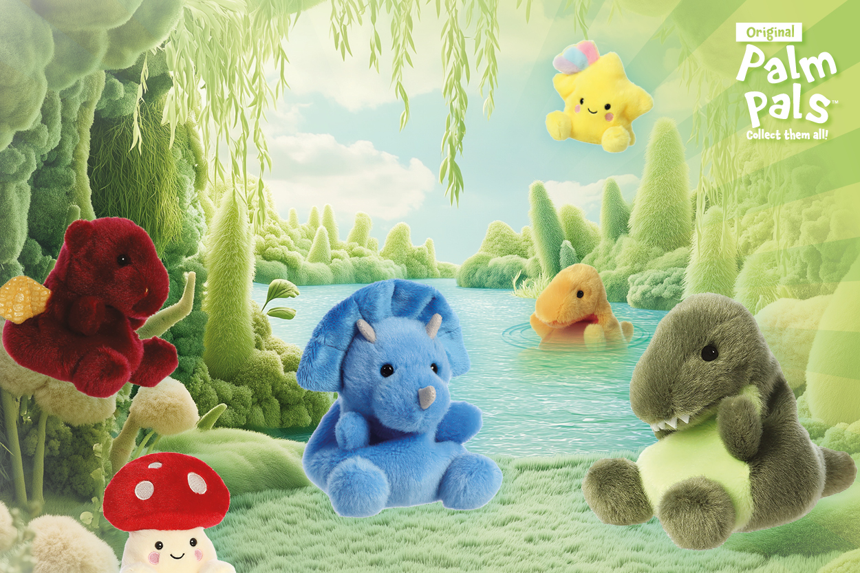 Dinos, die am Fluss sitzen und als Kuscheltiere wirken.