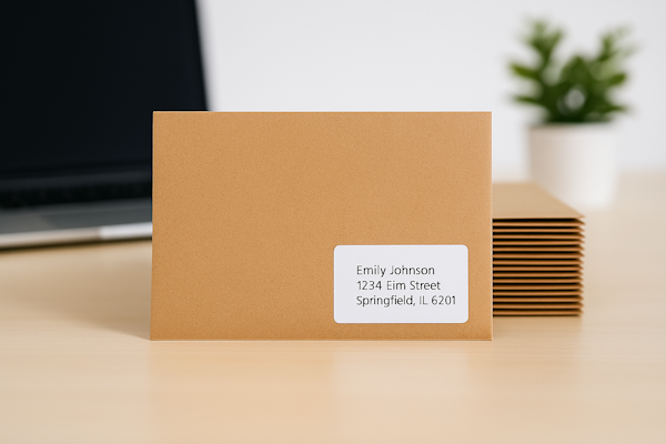 Ein brauner Umschlag mit einem Adressaufkleber, auf dem der Name 'Emily Johnson' und eine Adresse in Springfield, IL, steht. Im Hintergrund sind weitere Umschläge und ein Laptop zu sehen.
