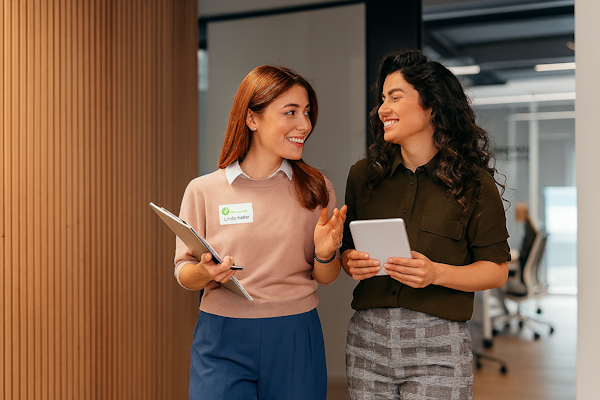 Zwei Frauen in einem modernen Büro führen ein Gespräch. Eine von ihnen hält ein Tablet, während die andere eine Mappe in der Hand hat. Beide lächeln.