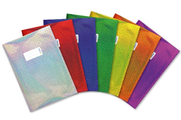 Abbildung eines Heftschoners aus holografischer Folie in verschiedenen Farben.
