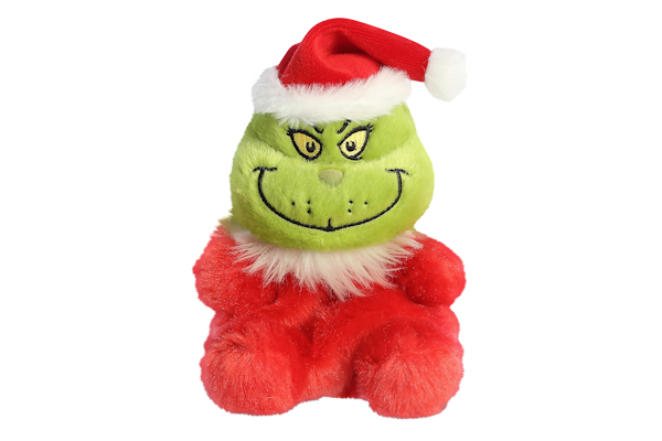 Plüschfigur des Grinch in Weihnachtsmütze und rotem Outfit, lächelnd mit seinen typischen grünen Gesichtszügen.
