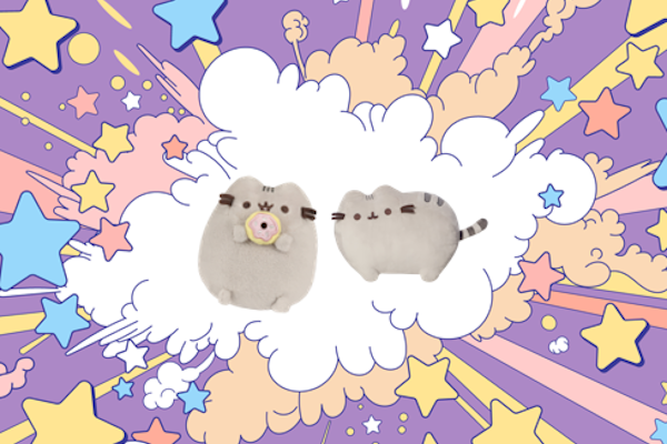 Zwei kuschelige Katzenfiguren auf einem bunten, sternenübersäten Hintergrund. Eine Katze hat eine Blume im Maul.