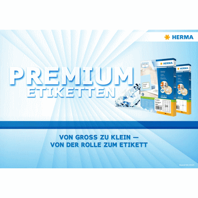 Premium-Etiketten von Herma, erhältlich in verschiedenen Größen, mit dem Slogan: 'Von groß bis klein – von der Rolle zum Etikett.