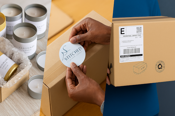 Kerzen in Dosen, eine Hand, die ein Etikett auf einen Karton klebt, und ein Karton mit Versandetikett." 

(The text is already in German and does not require translation. It is clear and fluent as it stands.)