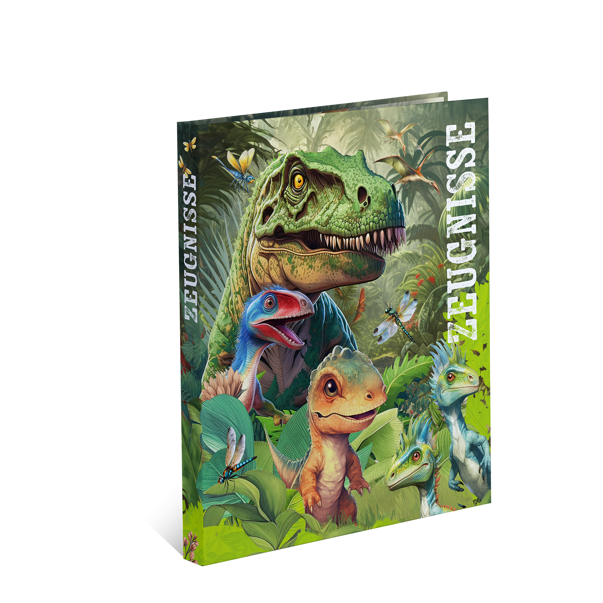 Ein lebhaftes Notizbuch mit Dinosauriern auf dem Cover, darunter ein Tyrannosaurus Rex und verschiedene andere Dinosaurierarten in einer grünen Landschaft.