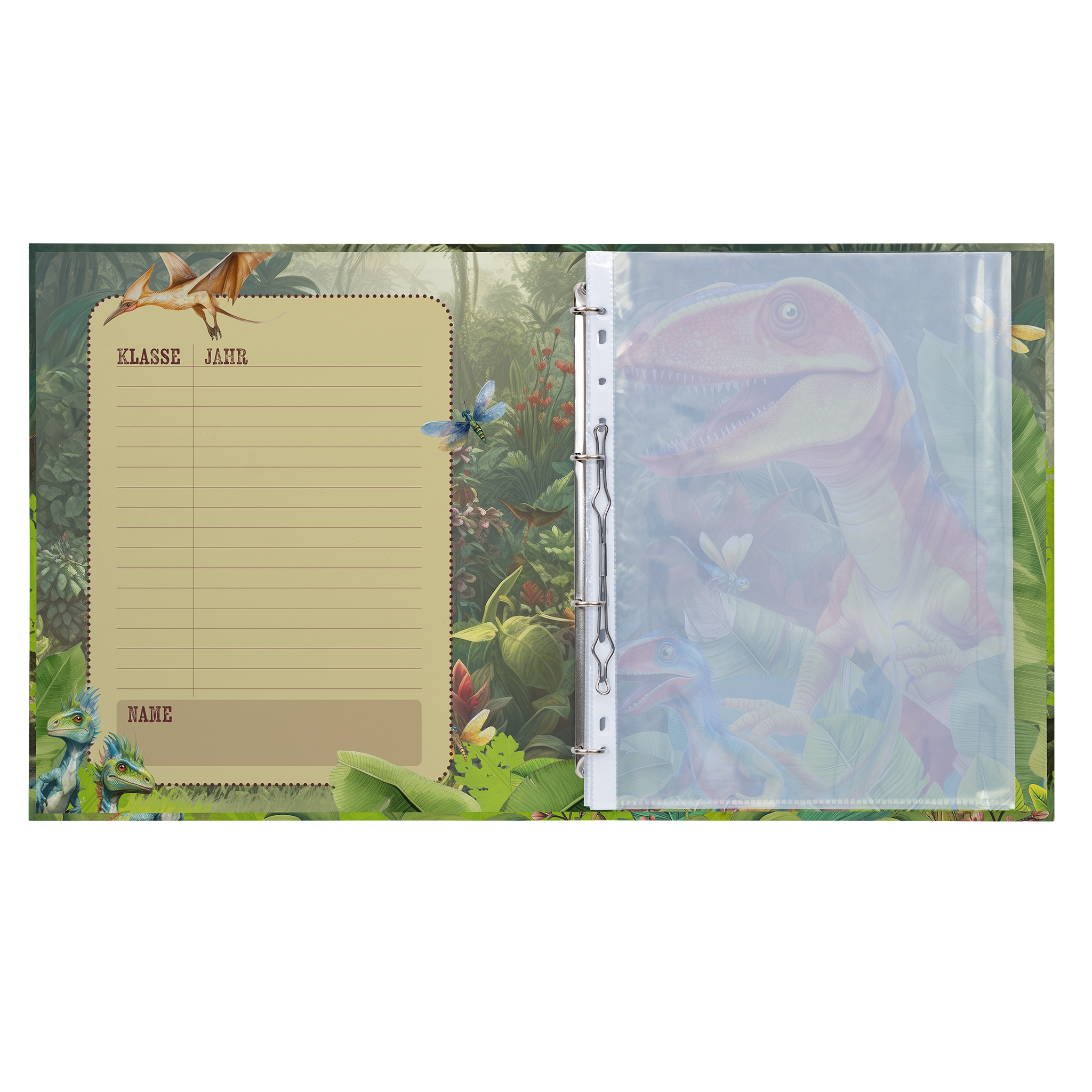 Ein Schulheft mit einem Dinosaurier-Motiv im Hintergrund. Auf der linken Seite sind leere Zeilen für Klasse und Jahr vorgesehen, rechts befindet sich eine transparente Hülle.
