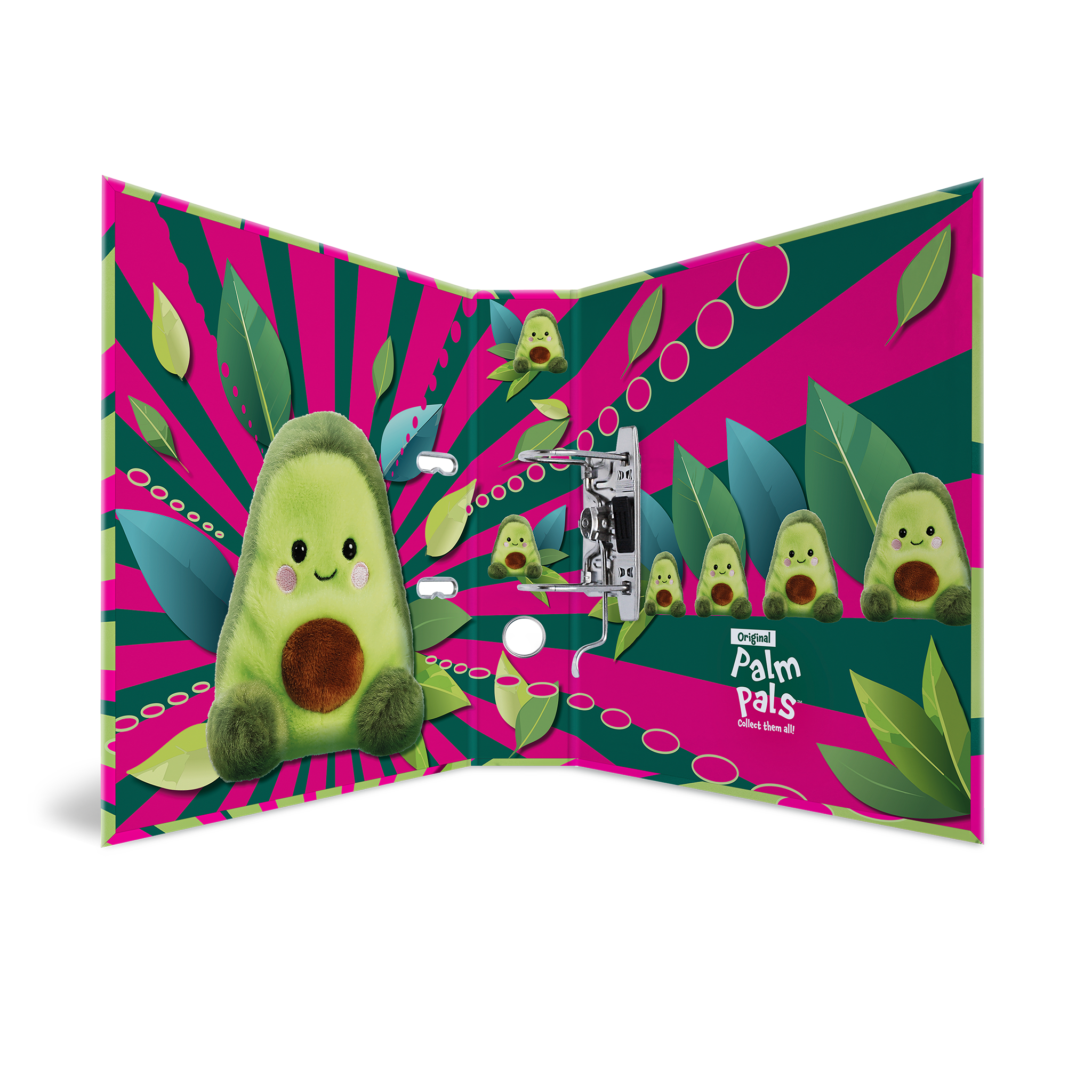 Eine offene Verpackung mit mehreren Avocado-Plüschfiguren auf einem bunten Hintergrund mit grünen Blättern und pinken Strahlen.