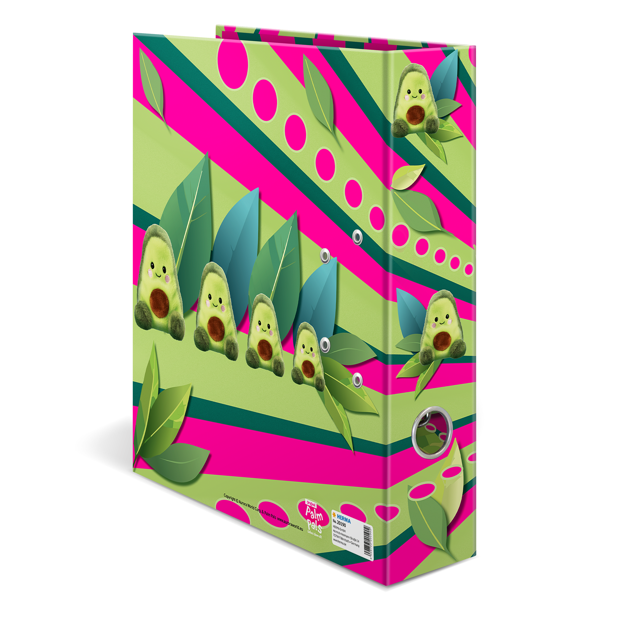 Bunte Ordner mit Avocado-Motiven und grünen Blättern auf einem gestreiften Hintergrund in Pink und Grün.