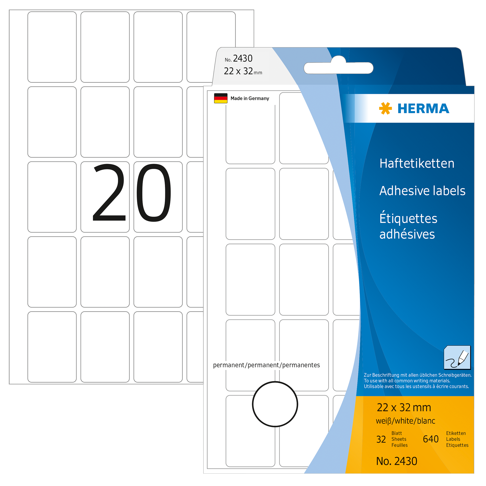 Weiße Haftetiketten auf einem Bogen mit 20 Etiketten. Verpackung zeigt die Marke HERMA und die Größe 22 x 32 mm.
