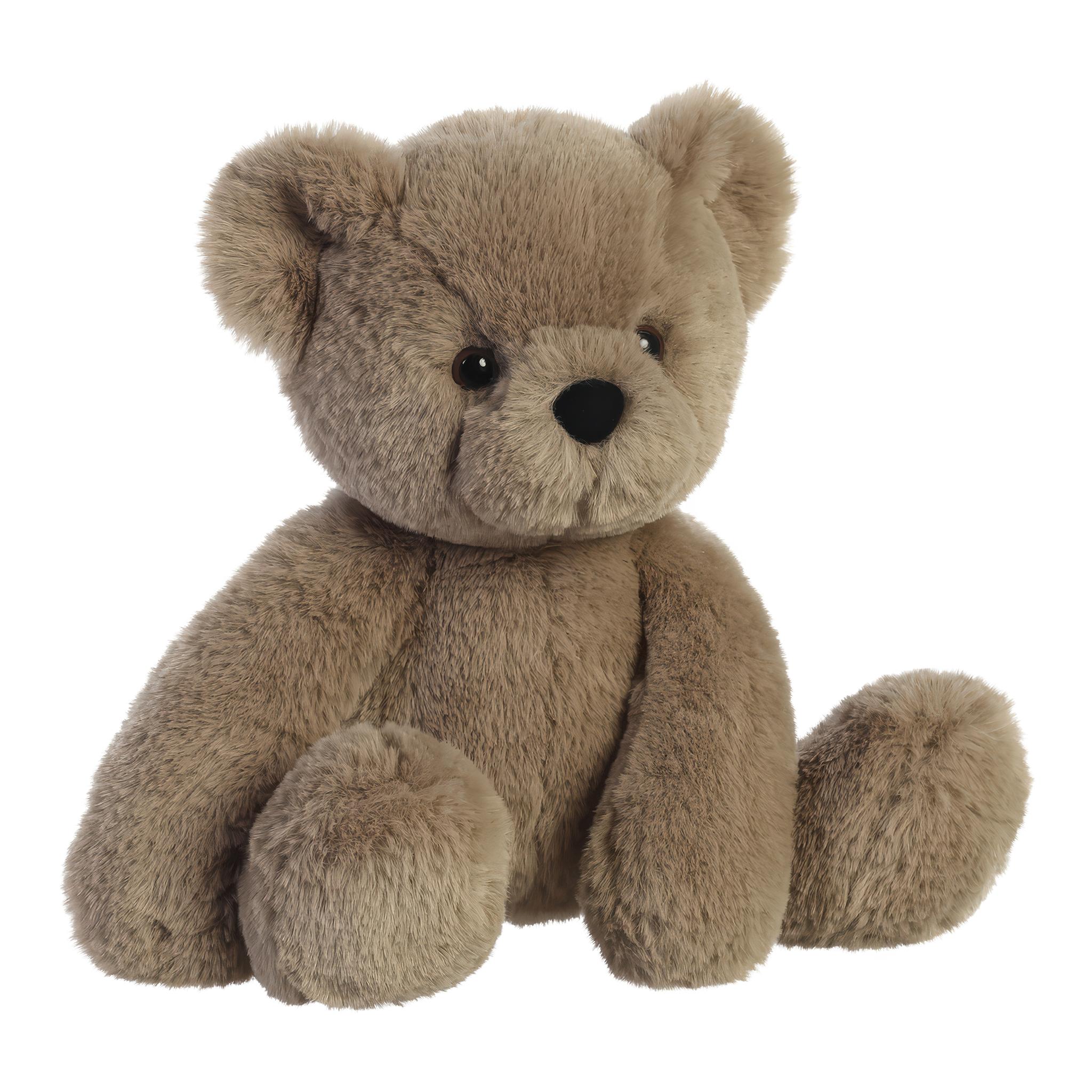Ein brauner Plüschbär mit runden Ohren und schwarzen Augen sitzt aufrecht. Der Bär hat ein weiches, flauschiges Fell und eine freundliche Ausstrahlung.