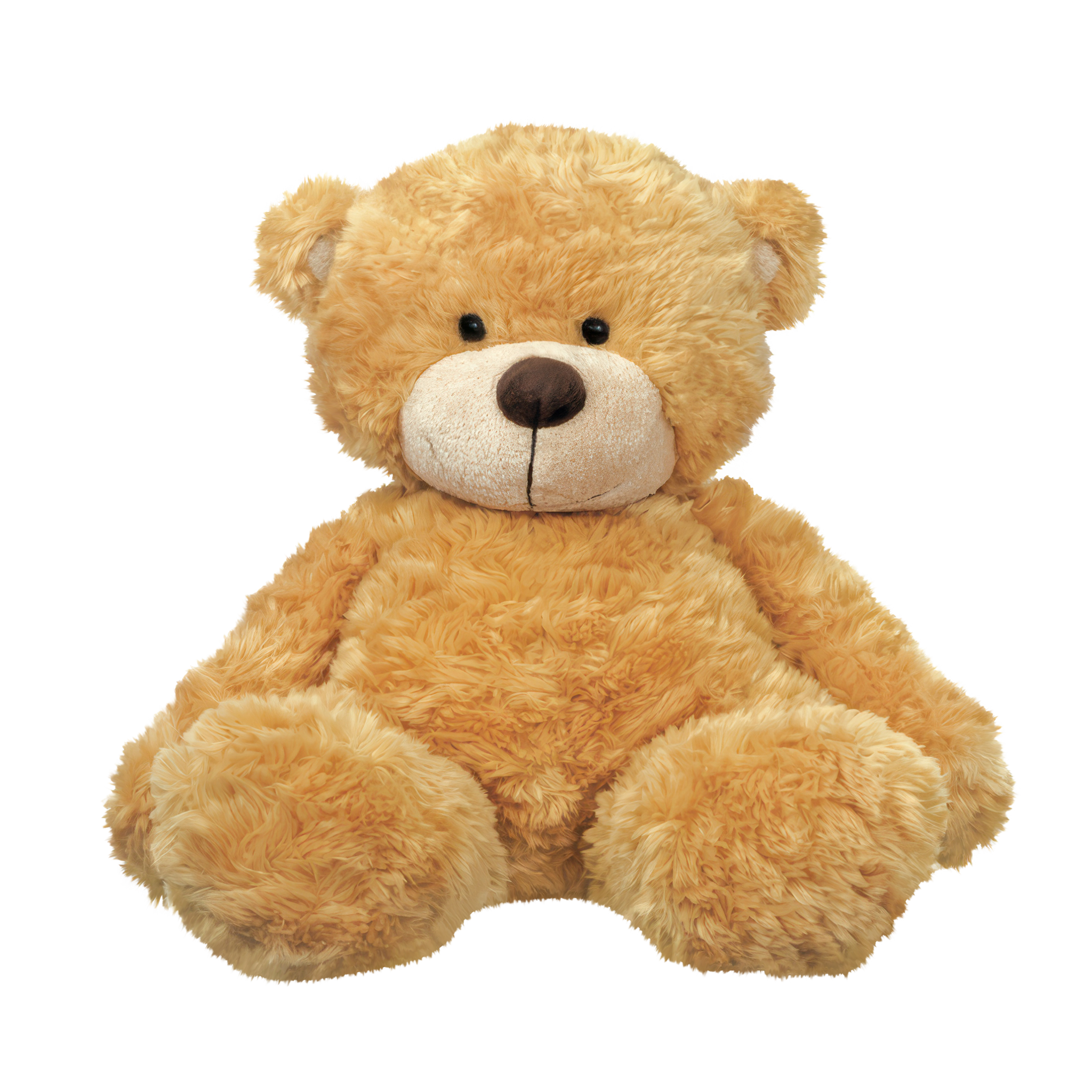 Ein großer, plüschiger Teddybär mit braunem Fell und einem freundlichen Gesichtsausdruck sitzt aufrecht.