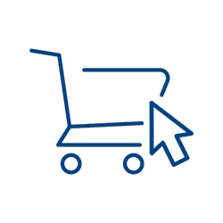 Einkaufswagensymbol mit einem Zeiger, der auf den Wagen zeigt, was auf Online-Shopping hinweist.