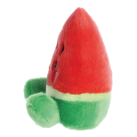 Plüschfigur in Form einer Wassermelone, rot und grün, mit Details wie Kernen und einer runden Unterseite.
