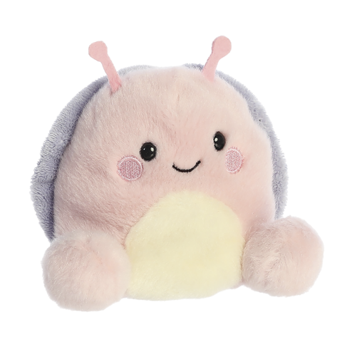 Kuscheltier in Form einer Schnecke mit rosa und gelben Farben, runden Formen und einem lächelnden Gesicht.