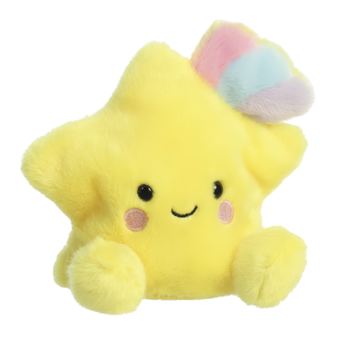 Gelbes, sternförmiges Plüschtier mit einem lächelnden Gesicht und bunten Ohren. Weich und freundlich gestaltet.