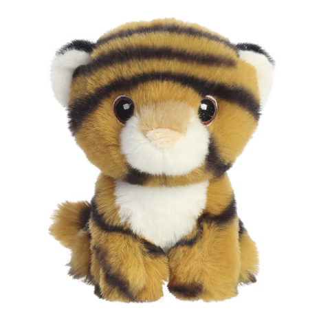 Plüsch-Tiger mit gestreiftem Fell, großen Augen und einem freundlichen Gesichtsausdruck, sitzt aufrecht.