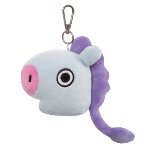 Plüschanhänger in Form eines Fisches mit blauer und lila Farbe, rosa Schnauze und einem Clip zum Befestigen.