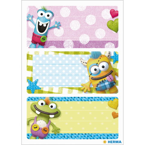 Bunte Etiketten mit fröhlichen, cartoonhaften Charakteren auf verschiedenen Hintergründen in Pastellfarben.