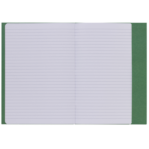 Ein offenes Notizbuch mit linierten Seiten und einem grünen Einband. Die Seiten sind leer und bereit zum Beschreiben.
