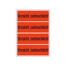 Vier orangefarbene Aufkleber mit dem Text "Vorsicht zerbrechlich!" in schwarzer Schrift.