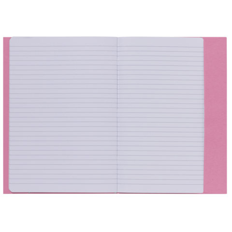 Ein offenes Notizbuch mit linierten Seiten und einem pinken Umschlag. Die Seiten sind leer und bereit zum Beschreiben.