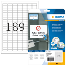 Packung mit ablösbaren Etiketten von Herma, mit der Aufschrift "Außer Betrieb" und der Nummer 189.