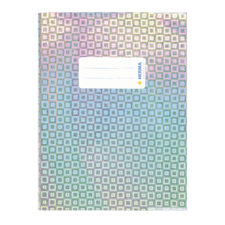 Ein Notizbuch mit einem bunten, geometrischen Muster aus kleinen Quadraten und einem beschriftbaren Feld auf der Vorderseite.