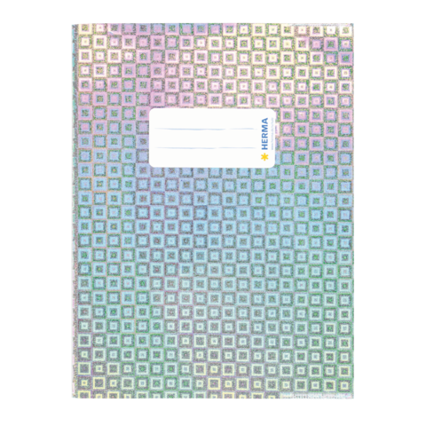 Ein Notizbuch mit einem bunten, geometrischen Muster aus kleinen Quadraten und einem beschriftbaren Feld auf der Vorderseite.