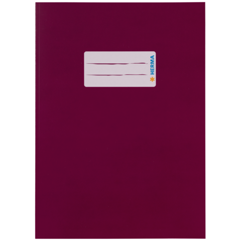 Dunkelrotes Heft mit einem weißen Etikett, das Platz für Beschriftungen bietet. Das Etikett trägt das Logo "HERMA".