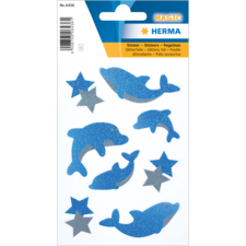 Glitzernde Aufkleber mit Delfinen und Sternen in Blau und Silber. Ideal für Bastelprojekte oder Dekoration.