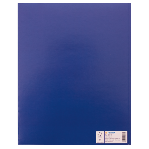 Blauer Ordner mit glänzender Oberfläche und einem Etikett in der unteren rechten Ecke.