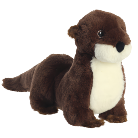 Plüschotter mit braunem Fell und weißem Bauch, in sitzender Position, mit großen, runden Augen und einem freundlichen Gesichtsausdruck.