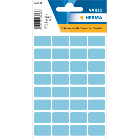 Blaue Etiketten auf einem Bogen, 160 Stück, Größe 12x18 mm, geeignet für Beschriftungen und Organisation.