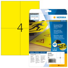 Gelbe Signaletiketten mit der Nummer 4, verpackt in einer durchsichtigen Hülle, mit Hinweisen zur Verwendung und Software.