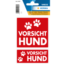 Zwei rote Aufkleber mit dem Text "VORSICHT HUND" und Pfotenabdrücken, die auf einen Hund hinweisen.