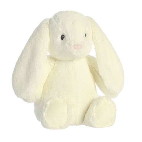 Weiches, hellgelbes Plüschkaninchen mit langen Ohren und einem freundlichen Gesicht, sitzt aufrecht.